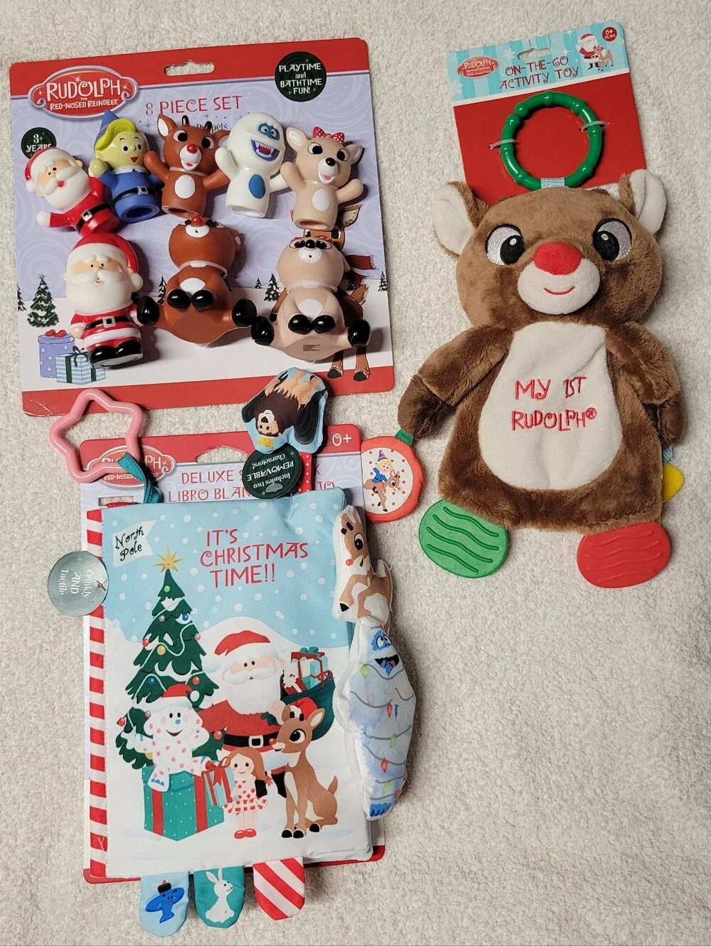 Rudolph the Red-Nosed Reindeer Finger Puppets Bath Squirts Soft Book Toy Lot NEW